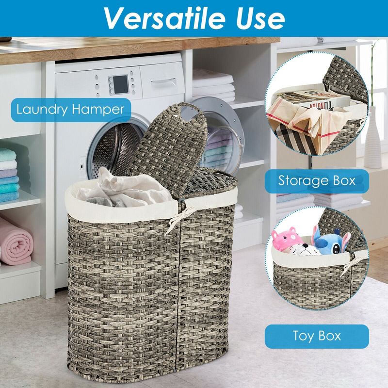 Costway Handwoven Laundry Hamper Laundry Basket w/2 Removable Liner Bags Brown/Grey, 5 of 11
