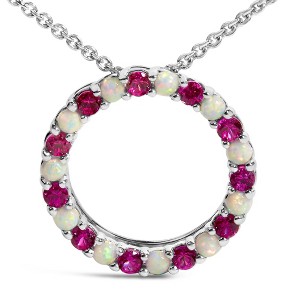 .925 Sterling Silver Alternating Created Red Ruby and Opal Circle Pendant Necklace - 1 of 4