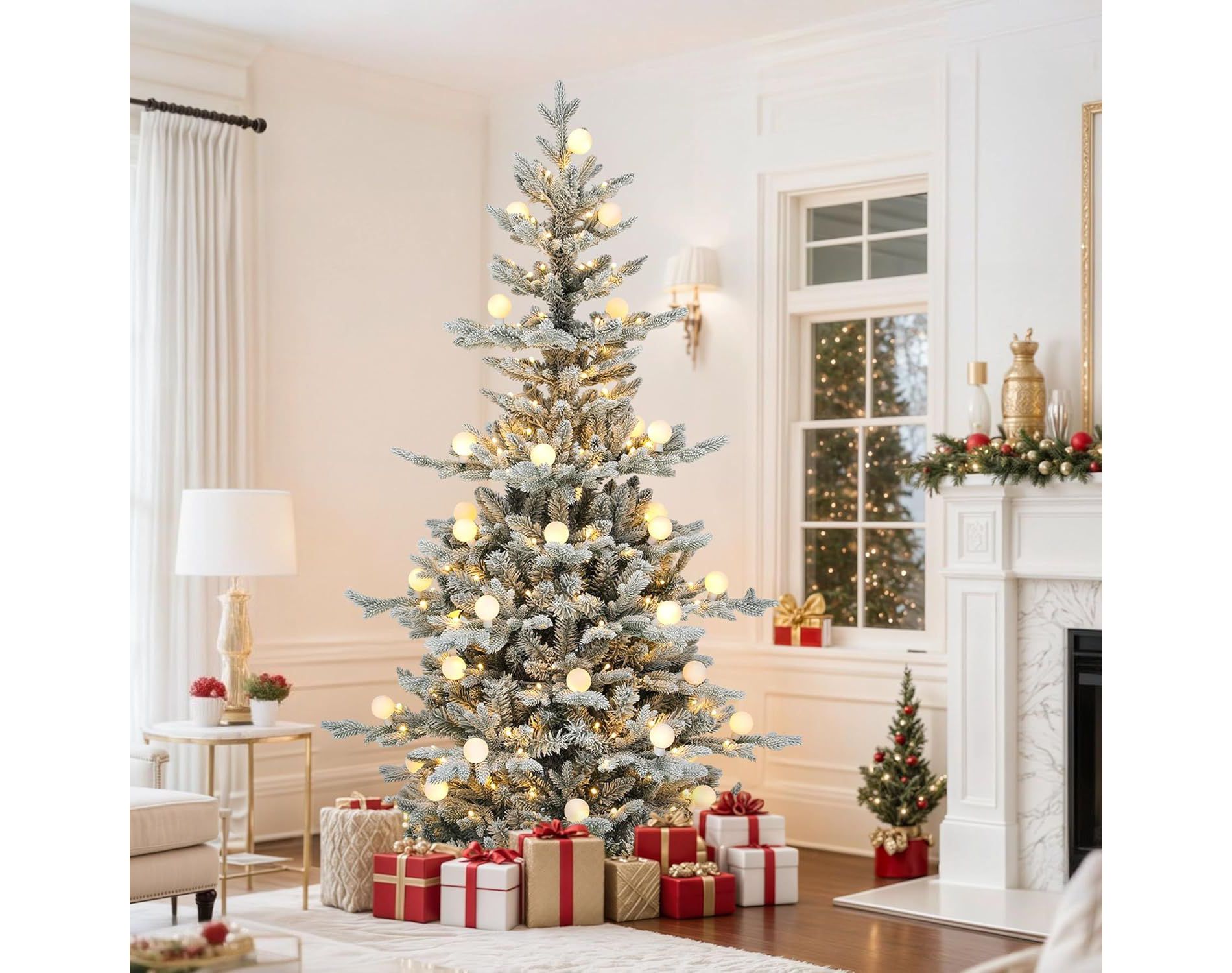 6ft Pre-Lit Flocked Layered Christmas Tree Flocked Hinged Christmas Tree With 1338 PE & PVC Mixed Branch Tips White Flocked With Removable Bulbs