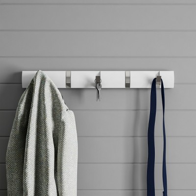 Wall Hook Rail-Mounted Hanging Rack with 5 Retractable Hooks-Storage Organization Decor for Coats, Towels, Bags and More by Hastings Home (White)