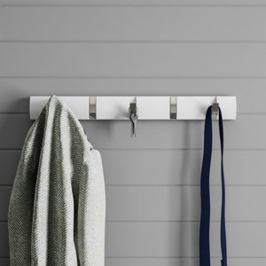 Wall Hook Rail-Mounted Hanging Rack with 5 Retractable Hooks-Storage Organization Decor for Coats, Towels, Bags and More by Hastings Home (White) - 1 of 4