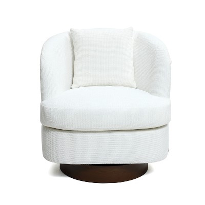 LuxenHome Upholstered White Club Swivel Chair with Dark Brown Base