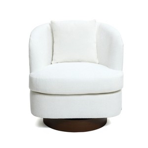 LuxenHome Upholstered White Club Swivel Chair with Dark Brown Base - 1 of 4