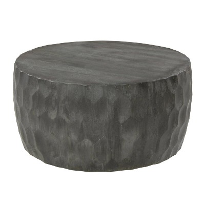 The Urban Port 34" Handcrafted Mango Wood Coffee Table Hammered Round Drum Shape Honeycomb Rustic Gray