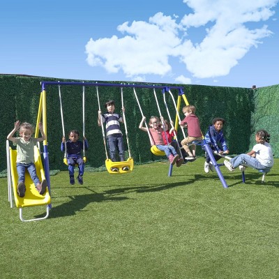 Blue and Yellow Metal Swing Set with Slide and Glider