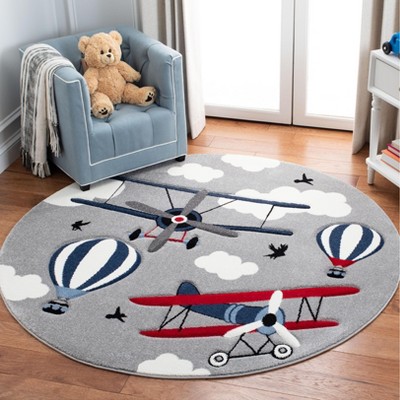 Playful Carousel 5'3" Round Light Grey & Red Kids Area Rug