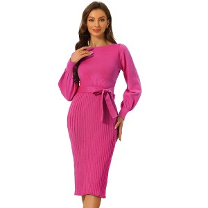 Allegra K Women's Knit Belted Round Neck Lantern Sleeves Casual Pleated Sweater Dresses - 1 of 4