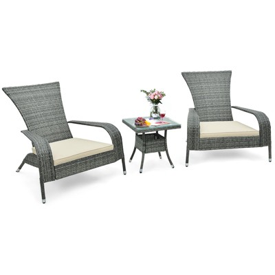 Tangkula 3-Piece Wicker Adirondack Set Ergonomic Oversized Rattan Chairs w/ Coffee Table Comfy Seat Cushions