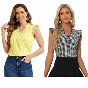 INSPIRE CHIC Women's Cap Sleeve Plaid Gingham Ruffle Shirt 2 Packs - 1 of 4