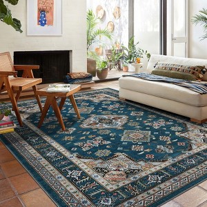 Vintage boho floral rug. Oriental-style, machine-washable. Non-slip, low-pile. For living/bedrooms/dining, farmhouses, nurseries, apartments - 1 of 4