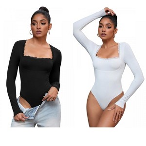 INSPIRE CHIC 2 Pcs Women's Lace Square Neck Long Sleeves Tummy Control Body Shapers - 1 of 4