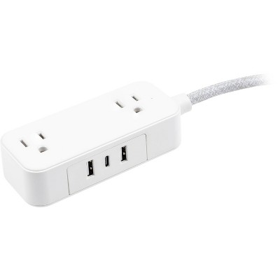 GE 2-Outlet Extension Cord 2 USB-A 1 USB-C 12W 6' Braided White/Gray