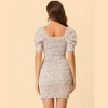 Allegra K Women's Puff Short Sleeve Sweetheart Neck Floral Smocked Bodycon Mini Dress - 4 of 4