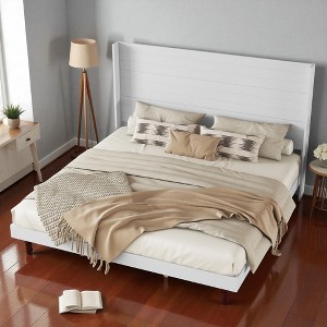 Mshliw Queen/King Bed Frame with 54-Inch High Headboard, Solid Wood Platform Bed with Backrest Support, Slatted Base Included - 1 of 4