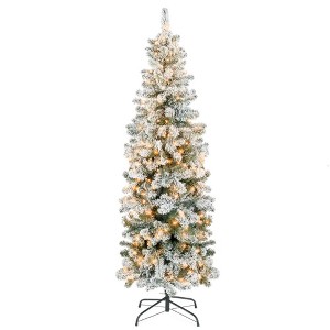 6.5FT Pre-lit Flocking Artificial Christmas Tree with 250 Warm White LED Lights & 586 Branch Tips & Foldable Metal Base for Holiday Decorations - 1 of 1