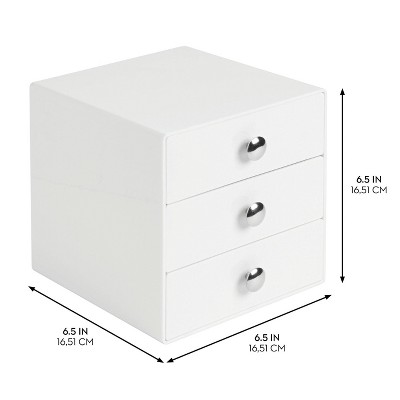 Compact White Plastic 3-Drawer Organizer with Chrome Knobs