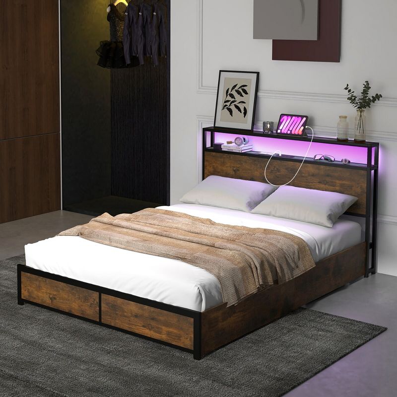 Tangkula Full/Queen Industrial Platform Bed Frame with Storage Drawers & LED Lights Headboard, 4 of 11