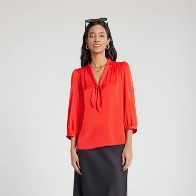 Women's 3/4 Sleeve V-Neck Satin Blouse - A New Day™ Red XL