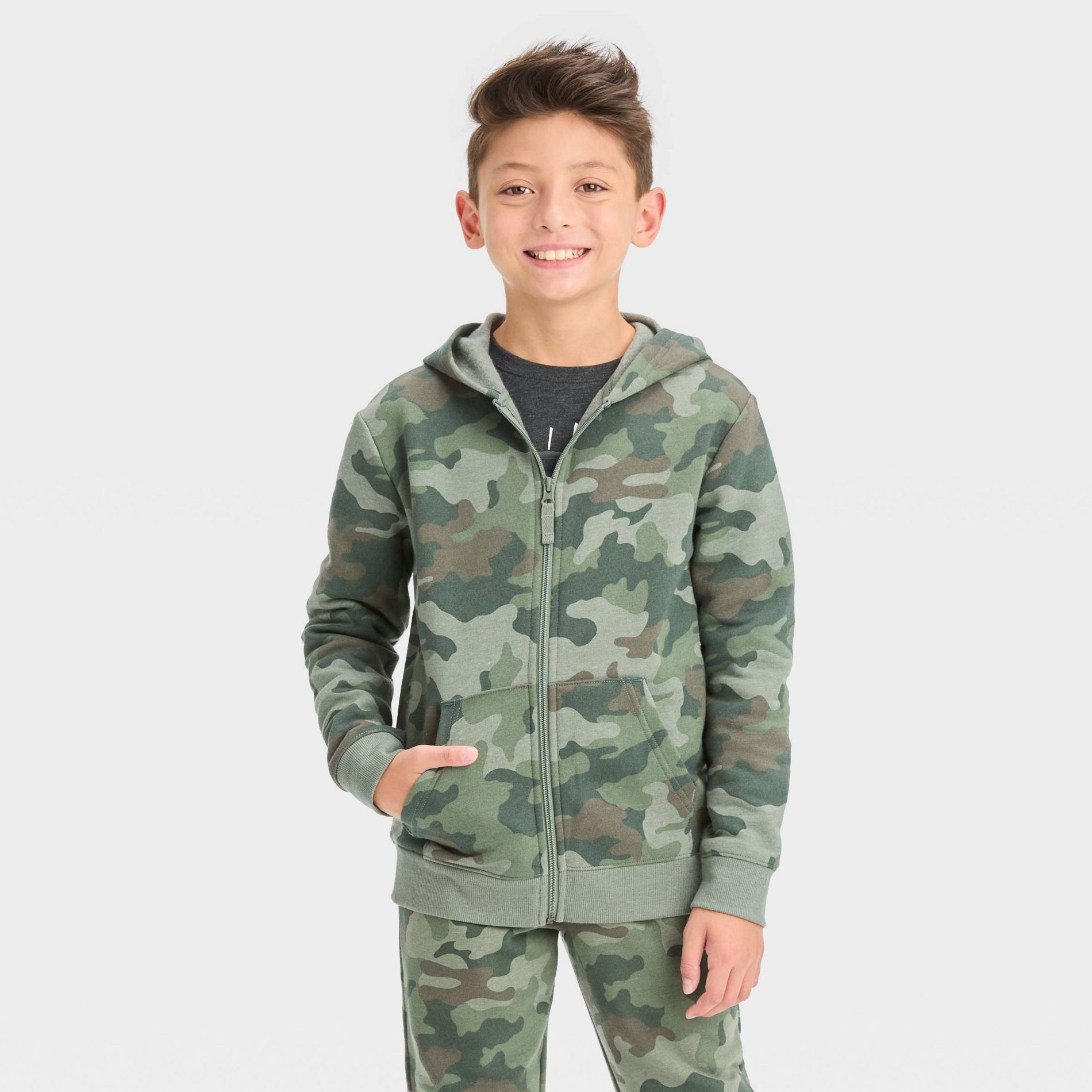 Boys' Fleece Zip-Up Sweatshirt - Cat & Jack™ Green M: Camouflage Pattern, Hooded, Kangaroo Pocket