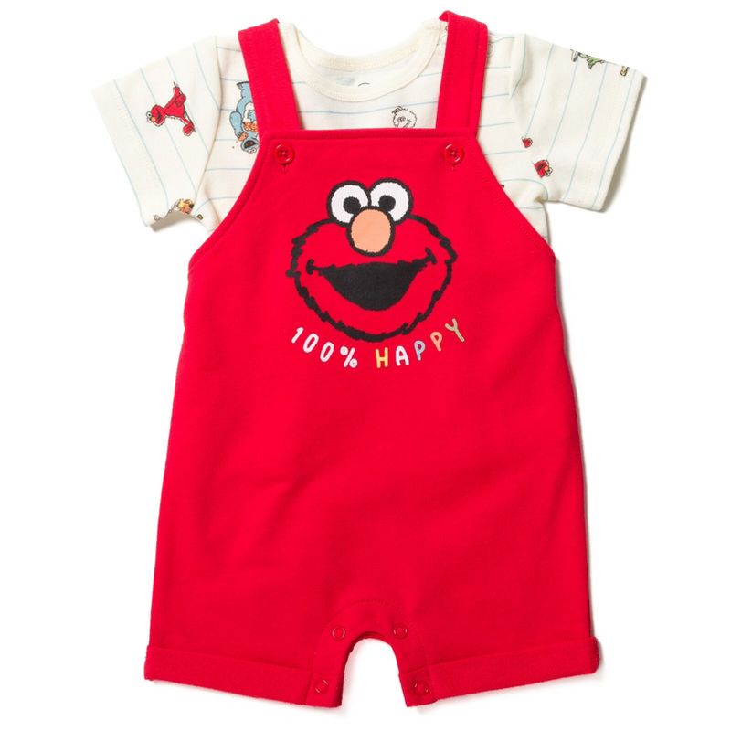 Sesame Street Elmo Baby French Terry Short Overalls T-Shirt and Hat 3 Piece Outfit Set Newborn to Infant, 5 of 12