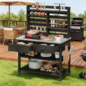 BAOURE 64.9"H Outdoor Potting Bench with Stainless Steel Top, Solid Wood Kitchen Island with Upper Hutch, Lockable Wheels - Black - 1 of 4