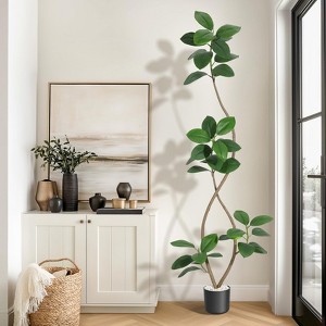 Artificial Rubber Tree, 7ft Tall Fake Plants with White Planters, Artificial Plants Indoor with Multicolored Pebbles - 1 of 4