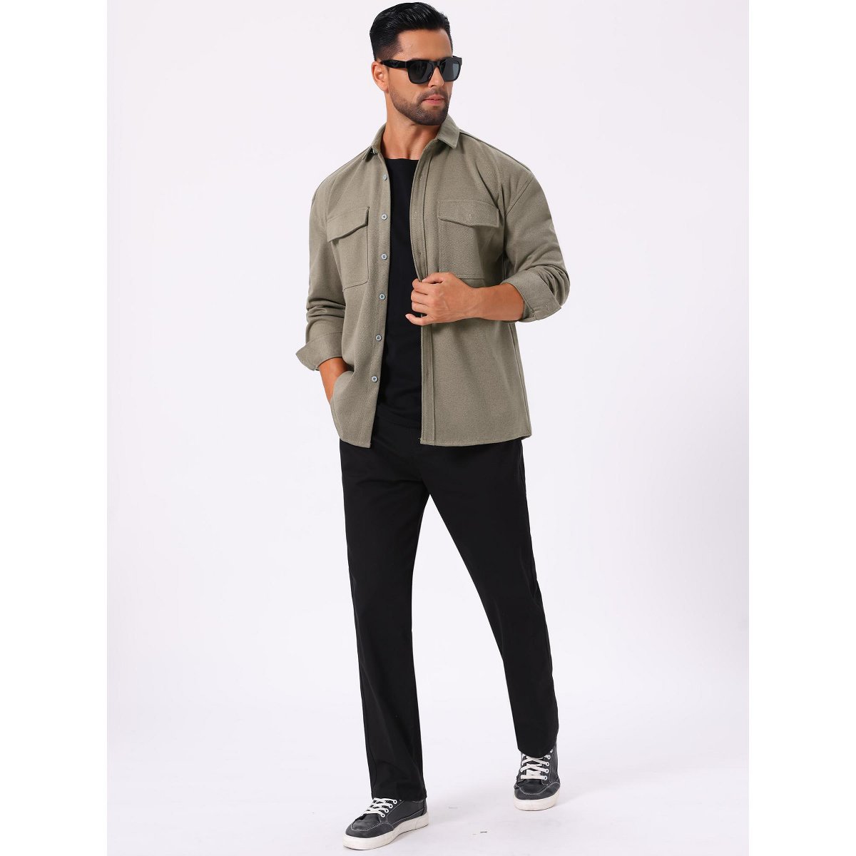 Мужские куртки INSPIRE CHIC Men's Point Collar Long Sleeve Button Down Casual Work Shirt Jacket Medium Gray Khaki — фото 2