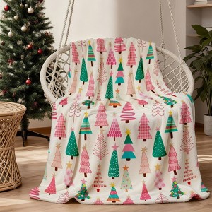 Lomsoe Christmas Tree & Star Print Flannel Blanket - Soft Cozy All-Season Throw with Pink & Plaid Design, Holiday Decor for Bed, Sofa. - 1 of 4