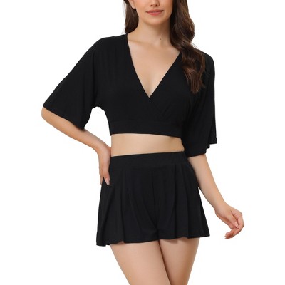 cheibear Women's V Neck Yoga Flare Sleeve Crop Shirt and Shorts 2 Pieces Pajama Set Loungewear