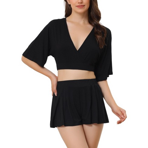 Cheibear Women's V Neck Yoga Flare Sleeve Crop Shirt And Shorts 2 Pieces Pajama  Set Loungewear Black Medium : Target