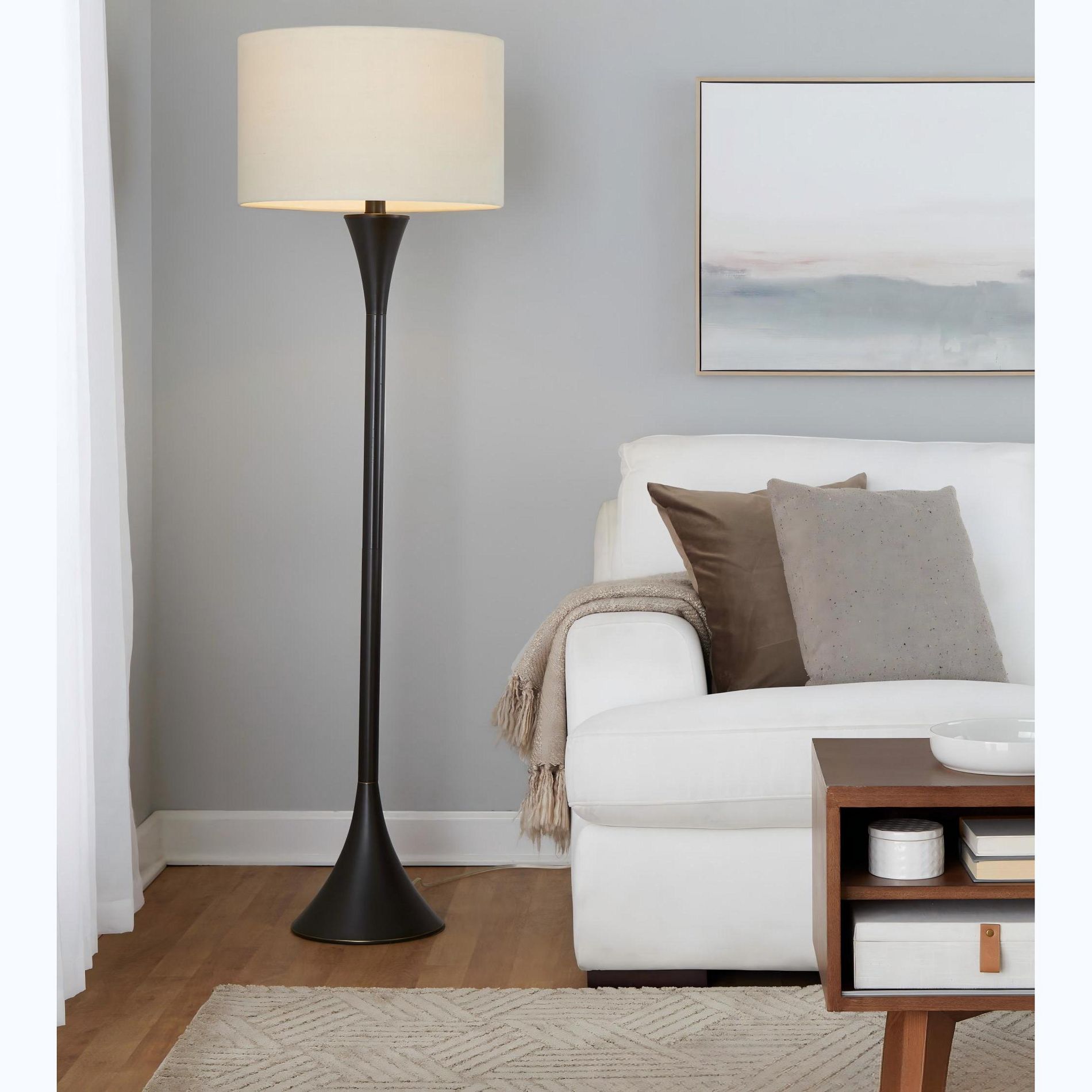 Contemporary Oil Rubbed Bronze Hourglass Floor Lamp with Natural Linen Drum Shade, 65 Inch Tall for Living Room