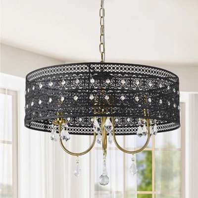 PAKOKULA 4-Light Black Drum Hollow Crystal Chandelier Light for Kitchen Island with No Bulbs Included