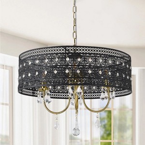 PAKOKULA 4-Light Black Drum Hollow Crystal Chandelier Light for Kitchen Island with No Bulbs Included - 1 of 4