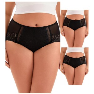 INSPIRE CHIC Women's Curve Size 3-Pack Lace Trim High Rise Solid Briefs Full Coverage Mesh Back Underwear - 1 of 4