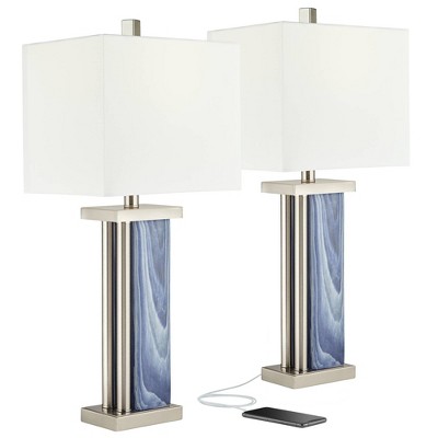 360 Lighting Modern Coastal Table Lamps Set of 2 with USB Charging Port Laguna Blue Brushed Nickel White Rectangular Living Room