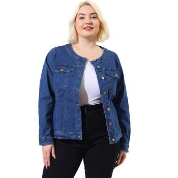 Agnes Orinda Women's Plus Size Long Sleeves Collarless Denim Jacket