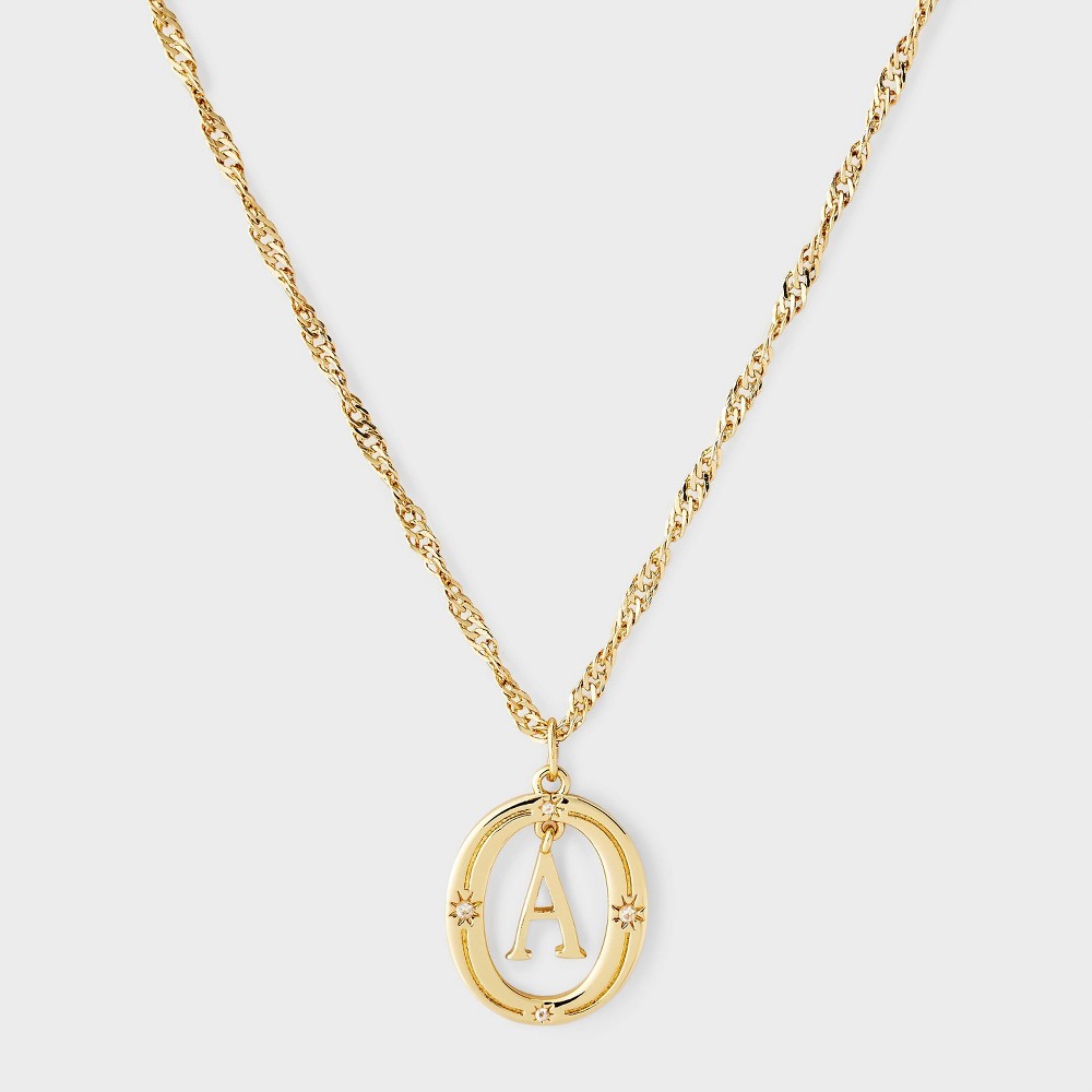 Photos - Pendant / Choker Necklace 14k Gold Dipped Cubic Zirconia Letter "A" Open Oval Initial Pendant Necklace - A New Day™ Gold