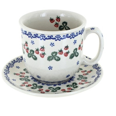 Blue Rose Polish Pottery Strawberry Fields Cup & Saucer