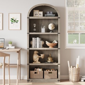 71.65" Bookcase with Doors Arched Bookshelf Tall Bookcase Farmhouse Cabinet with Shelves Wooden Bookshelves for Home Office, Living Room - 1 of 4