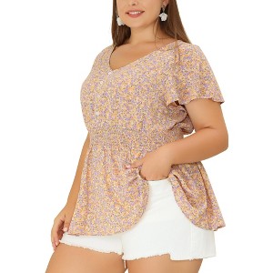 Women's Plus Size Floral Smocked Waist Flare Sleeve V Neck Peplum Blouses - Agnes Orinda - 1 of 4