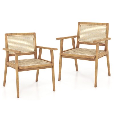 Tangkula 2PCS Wood Chair Teak Wood Armchair w/ Rattan Seat & Curved Backrest Dining Chair Patio