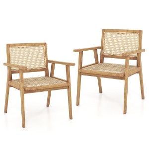 Tangkula 2PCS Wood Chair Teak Wood Armchair w/ Rattan Seat & Curved Backrest Dining Chair Patio - 1 of 4