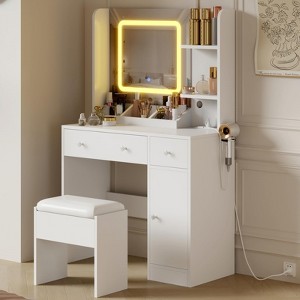 Vanity Table and Stool with Mirror, Dressing Table Set with Charging Station, Drawers, Shelves, Cabinet, Modern Makeup Vanity Desk for Bedroom - 1 of 4