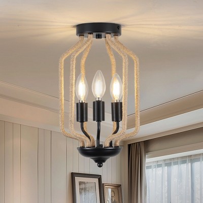 PAKOKULA 3-Light Black Semi-Flush Mount Ceiling Light with Woven Accents, Adjustable Dimmable Fixture, UL Certified, Rustic Industrial Lighting