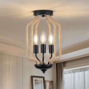 PAKOKULA 3-Light Black Semi-Flush Mount Ceiling Light with Woven Accents, Adjustable Dimmable Fixture, UL Certified, Rustic Industrial Lighting - 1 of 4