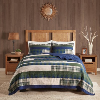 Blue and Green Plaid Cotton King Quilt Set