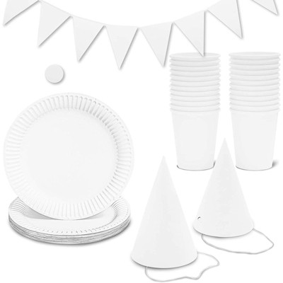 Bright Creations DIY Party Supplies, Blank Cups, Plates, Hats, Banner Serves 24 (White, 73-Pc)