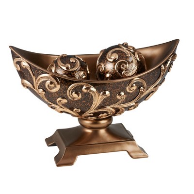 HomeRoots 11" Brown And Gold Polyresin Decorative Bowl With Orbs