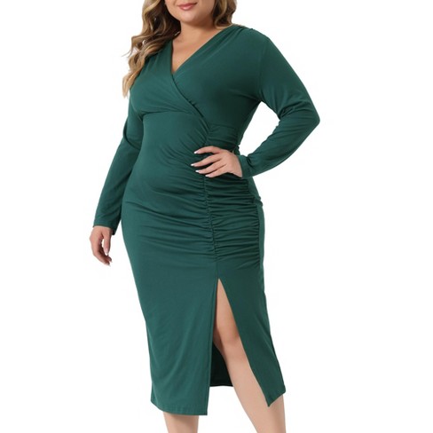 Women's Ruched Wrap Dress Long Sleeve V Neck Split Hem Draped