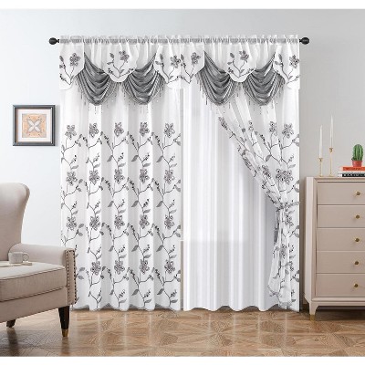 Home Mart Goods Grey White Luxury Floral Embroidery Rod Pocket Window Panel Attached Valance Satin Backing 2 Tie Backs Curtain Set (2 Panels)